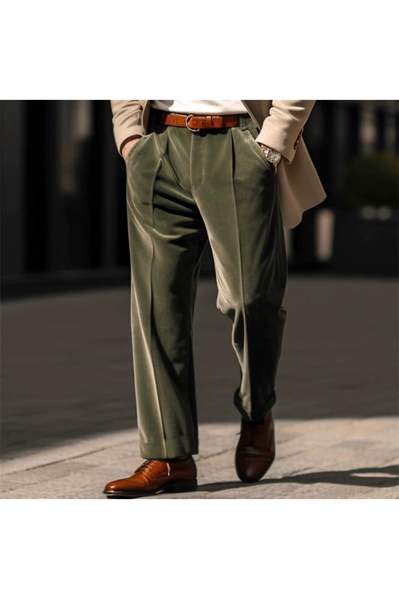Mens Baggy Pants Dress Stretch Green Velvet Suit Pants Pleated Wide Leg Trousers Flat Front Pants for Men M