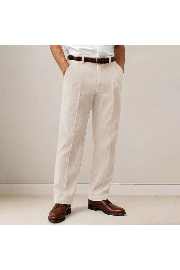 Mens Big and Tall Pants Baggy Beige Corduroy Dress Suit Pants Wide Leg Stretch Flat Front Trousers Pleated Pants for Men 30
