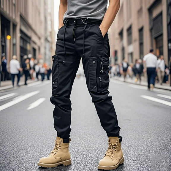Qulqfy Mens Black Pants Big and Tall Joggers Cargo Slim Fit Pants Straight Leg Stretch Nylon Pants Pants for Men 4XL