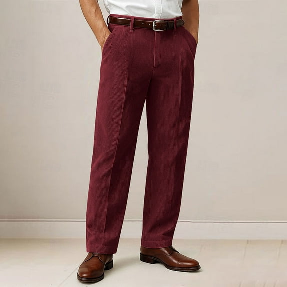 Qulqfy Mens Dress Pants Red Baggy Big and Tall Corduroy Suit Pants Pleated Stretch Wide Leg Trousers Flat Front Pants for Men 36