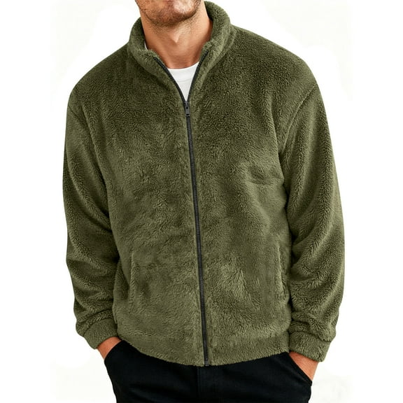 Qulqfy Mens Fall Jackets Fleece Green Winter Casual Zip Up Warm Outwear Lounge Jacket Mens Trench Coat L