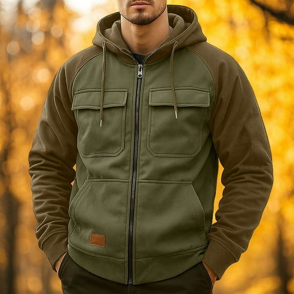 Qulqfy Mens Fall Jackets Green Cargo Winter Drawstring Multi-Pockets Raglan Zip Up Sweatshirt Pea Coat for Men M