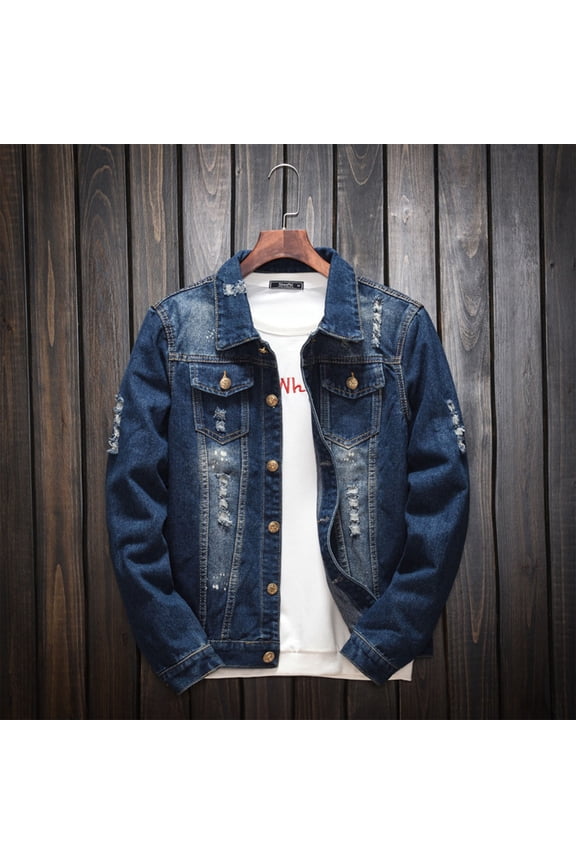 Mens Fall Jackets Jean Distressed Trucker Denim Long Sleeve Blue Ripped Lapel Washed Casual Jackets Mens Coats XXL