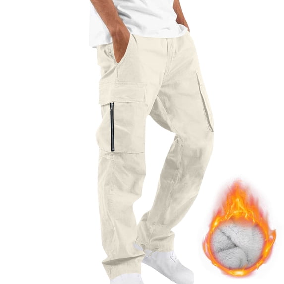 Qulqfy Mens Fleece Lined Pants Cargo Beige Baggy Stretch Pants Straight Leg Hiking Pants Elastic Waist Pants for Men L