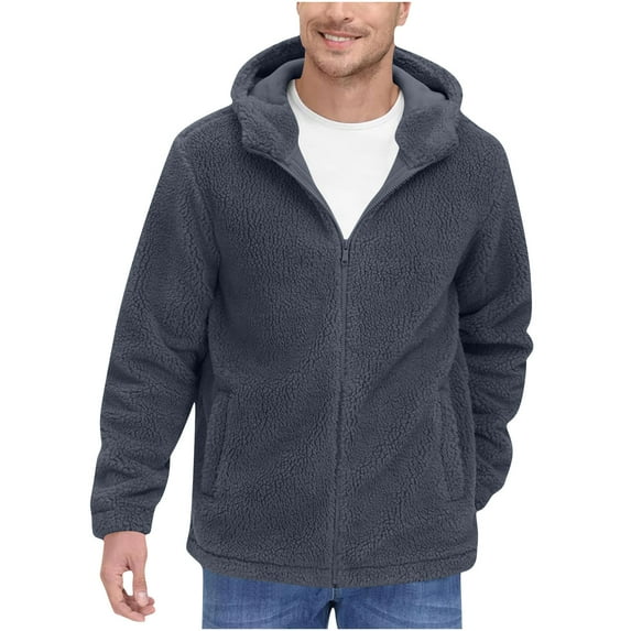 Qulqfy Mens Jacket Fleece Winter Gray Plain Warm Business Casual Zip Up Hooded Jacket Pea Coat for Men M