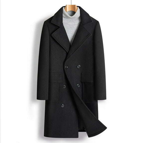 Qulqfy Mens Long Coat Wool Blend Black Winter Double Breasted Warm Notched Collar Trench Coat Mens Pea Coat S