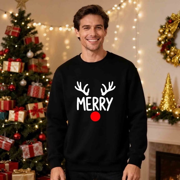 Qulqfy Mens Sweatshirt Long Sleeve Xmas Reindeer Black Christmas Fleece Lined Warm Cute Sweatshirts Matching Pjs for Couples L