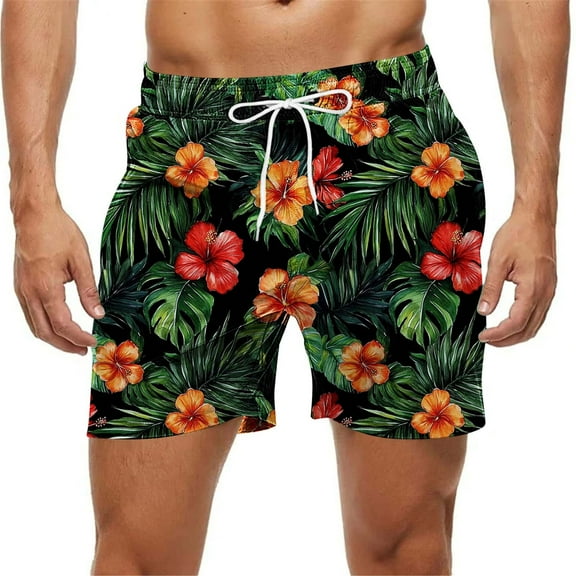 Qulqfy Mens Swim Trunks Hawaiian Print 7 Inch Inseam Big & Tall Quick Dry Board Shorts Surf Stretch with Pockets Drawstring Beach Shorts Mens Swimsuit 5XL