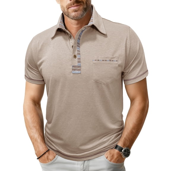 Qulqfy Mens T-Shirts Business Casual Beige Plain Short Sleeve Shirts Collared Spring Summer Tees Young Mens Shirts 3XL