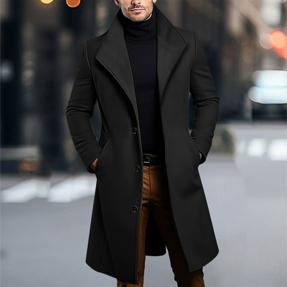 Qulqfy Mens Trench Coat Long Wool Blend Winter Black Single Breasted Lapel Collar Classic Trench Coat Jackets for Men L