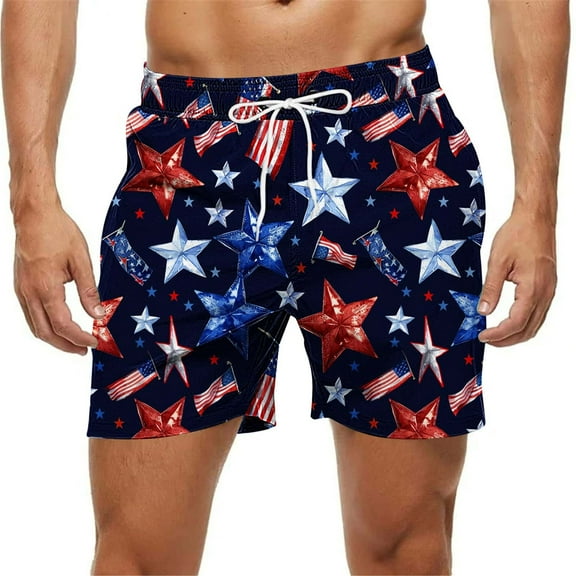 Qulqfy Mens Trunks Underwear 5 Inch Inseam Big & Tall Patriotic Quick Dry Board Shorts Vacation Stretch Beach Drawstring Printed Shorts Mens Bathing Suit L