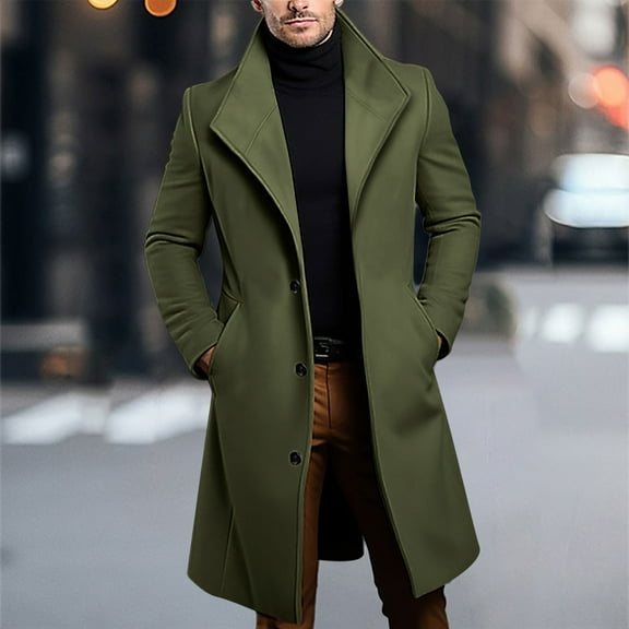 Qulqfy Mens Wool Blend Trench Coat Long Winter Green Classic Single Breasted Lapel Collar Trench Coat Jackets for Men L