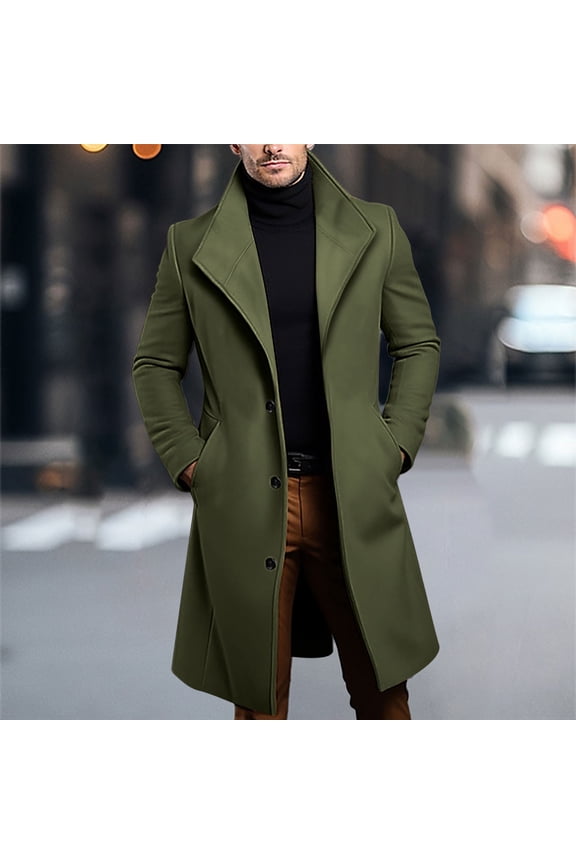 Mens Wool Blend Trench Coat Long Winter Green Classic Single Breasted Lapel Collar Trench Coat Jackets for Men L