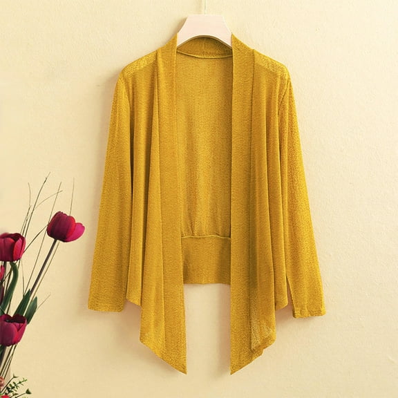 Qulqfy Mesh Cardigan for Women Sheer Lightweight Open Front Tops Yellow Long Sleeve Women's Fall Shirts 4XL