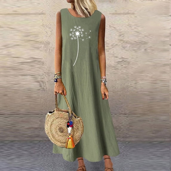 Qulqfy Midi Summer Dress Wedding Guest Floral Print Cotton Linen Sleeveless Square Neck Casual with Pockets Army Green Beach Vacation Sundresses L