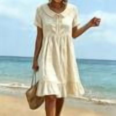 Qulqfy Solid Summer Dresses for Women 2026 Midi Cotton Short Sleeve Wedding Guest Casual Ruffle Peter Pan Collar Tie Beach Boho Sundress L