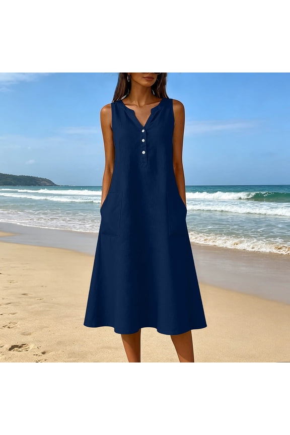 Midi Summer Dresses for Women 2026 Cotton Dressy Sleeveless Henley V-Neck Vacation Spring Button Down Flowy with Pockets Sundress M