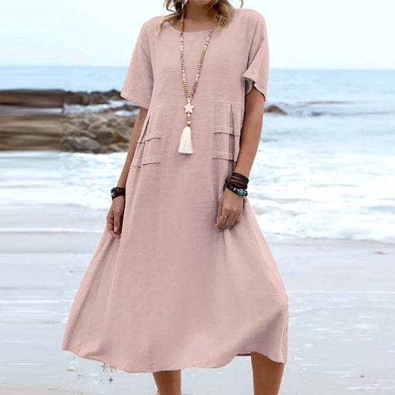 Qulqfy Midi Summer Dresses for Women Short Sleeve Plus Size Solid Cotton Linen Square Neck Casual Pink Beach Vacation Sundresses 2XL