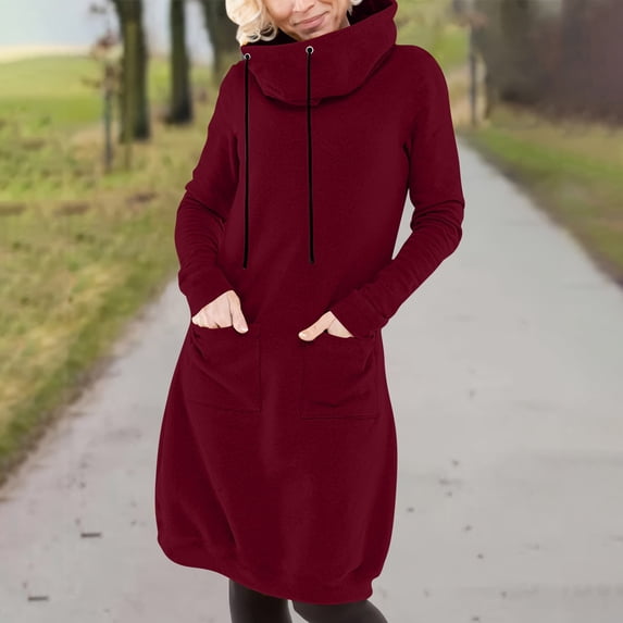 Qulqfy Midi Sweatshirt Dresses for Women Red Long Sleeve Casual Turtleneck Solid Dresses with Pockets Womens Fall Dresses 2025 M