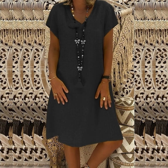 Qulqfy Midi Womens Summer Dresses Cotton Linen Solid Short Sleeve Wedding Guest Collared Black Work Beach Vacation Casual Sundresses L