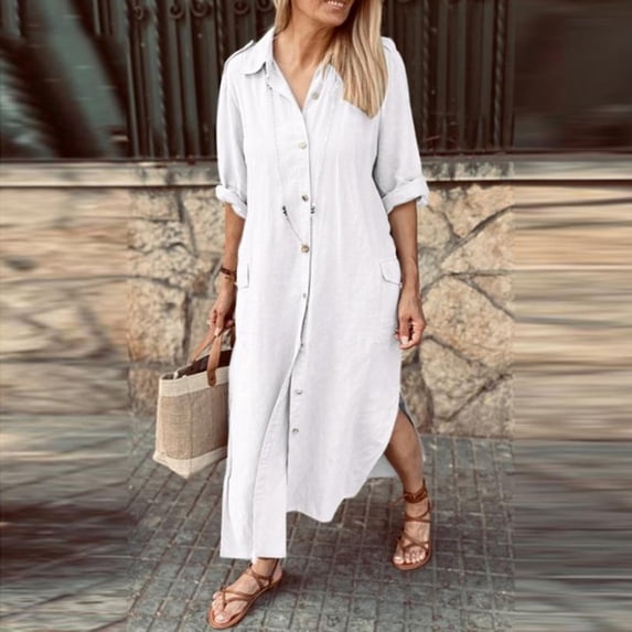 Qulqfy Midi Womens Summer Dresses Long Sleeve Wedding Guest Cotton Linen Solid Collared White Work Button Down Casual Beach Vacation Sundresses L