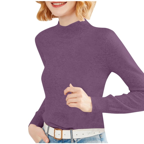 Qulqfy Mock Neck Shirts for Women Solid Color Casual Purple Long Sleeve Shirts Winter Women's Pullover Blouses L