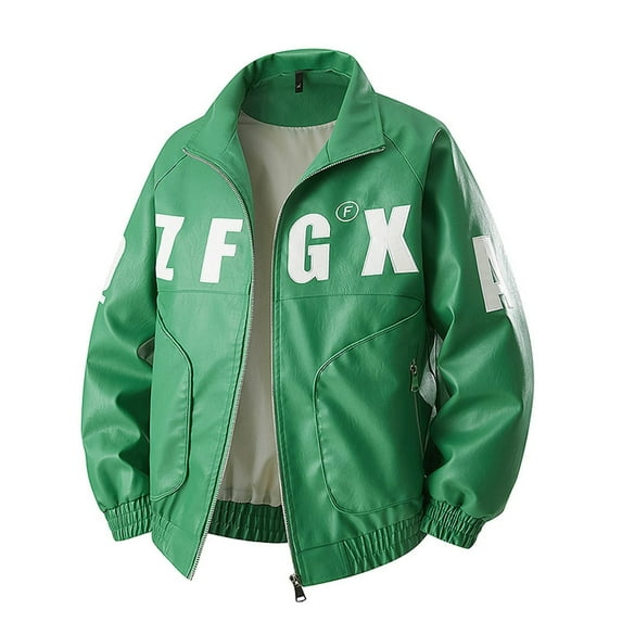 Qulqfy Motorcycle Leather Jackets for Men Biker Zip Up Graphic Green Stand Collar Long Sleeve Jackets Mens Coats M