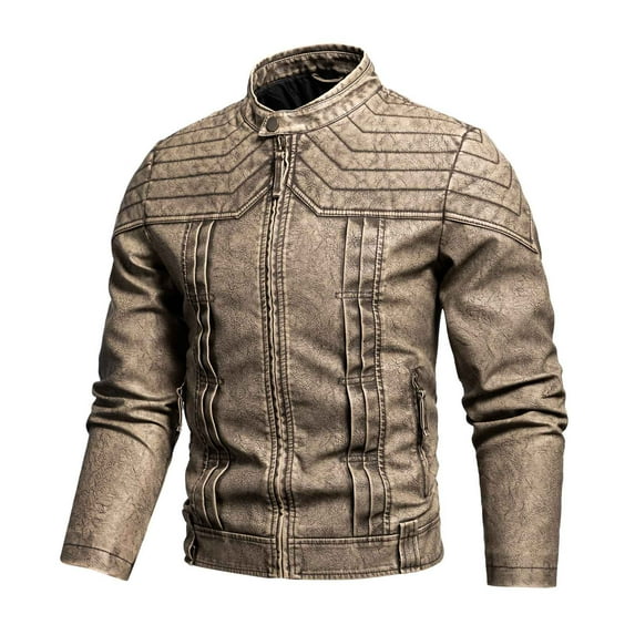 Qulqfy Motorcycle Leather Jackets for Men Stand Collar Long Sleeve Regular Fit Vintage Washed Brown Zip Up Jackets Coats for Men L