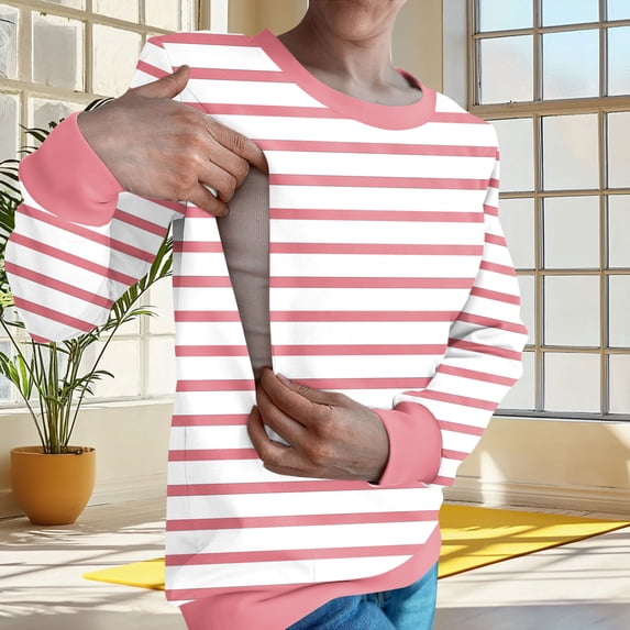 Qulqfy Nursing Sweatshirts for Women Maternity Zipper Breastfeeding Sweatshirts Pink Fall Womens Striped Tops 2XL