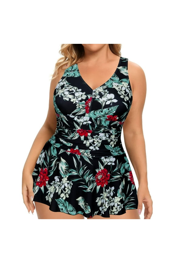 One Piece Swimsuits for Women Tummy Control Slimming Plus Size Swim Dress Open Back V Neck Floral Swimwear Bathing Suits for Women XXL