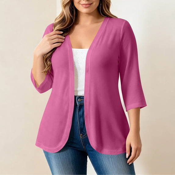 Qulqfy Open Front Womens Cardigan Plus Size Hot Pink 3/4 Sleeve Work ...