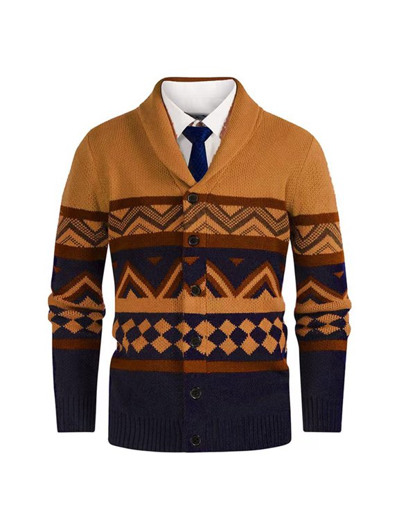 Orange Sweater Men Varsity Winter Long Sleeve Slim Fit Button up Knit Fall Classic Sweaters Mens Shirt L