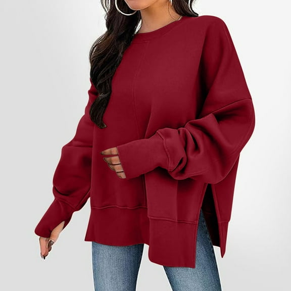 Qulqfy Oversized Sweatshirts for Women Fleece Side Slit Red Fall 2025 Tunic Shirts Women's Pullover Tops L