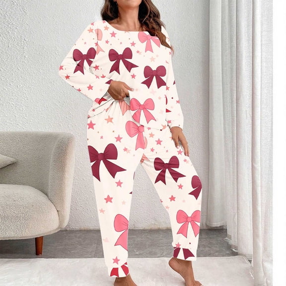 Qulqfy Pajama Set for Women Valentine Day Soft Pink Plus Size Cute Long Sleeve Shirts and Cuffed Pants Bow Print Sleepwear Comfy Lounge Sets for Women XXL