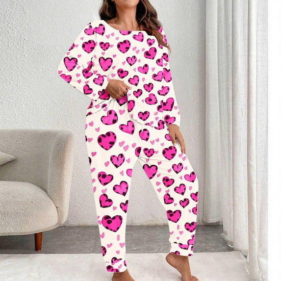 Qulqfy Pajama Sets Women Valentine Day Plus Size Cute Pink Soft Long Sleeve Shirts and Jogger Pants Heart Print Sleepwear Women's Loungewear Sets XXL