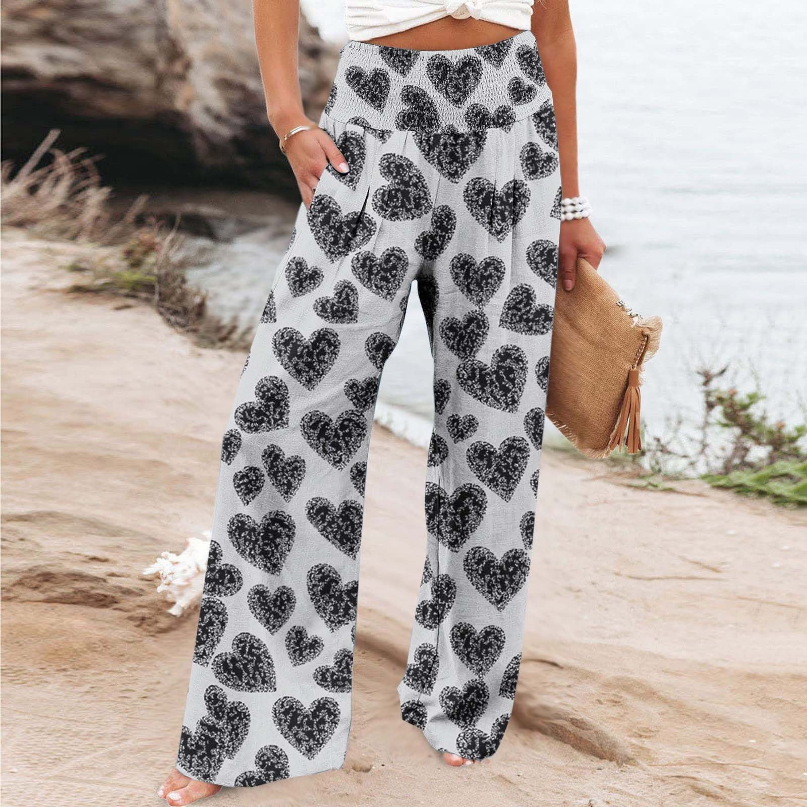 Qulqfy Palazzo Women's Pants 2025 Wide Leg Heart Baggy Casual Flowy ...