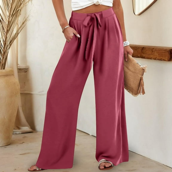 Qulqfy Palazzo Womens Pants Pink Bow Tie Wide Leg Casual Baggy High Waisted Flowy Pants Womens Athletic Pants M