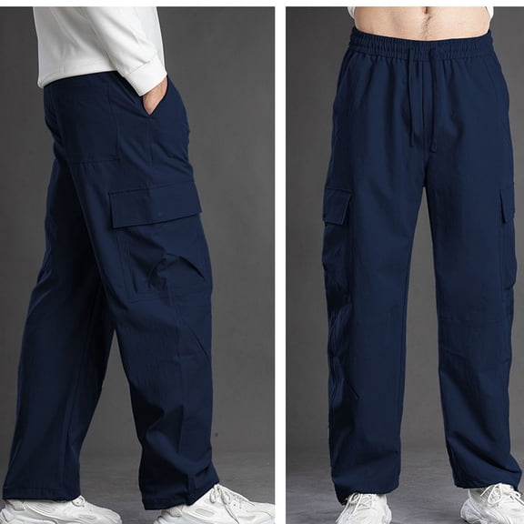Qulqfy Pants for Men Blue Cargo Stretch Baggy Pants Nylon Workout Elastic Waist Pants Wide Leg Pants for Men S