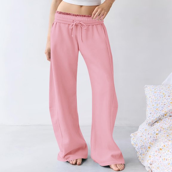 Qulqfy Pants for Women Pink Casual Wide Leg Baggy Fall Low Rise Comfy Pants Women's Pants S