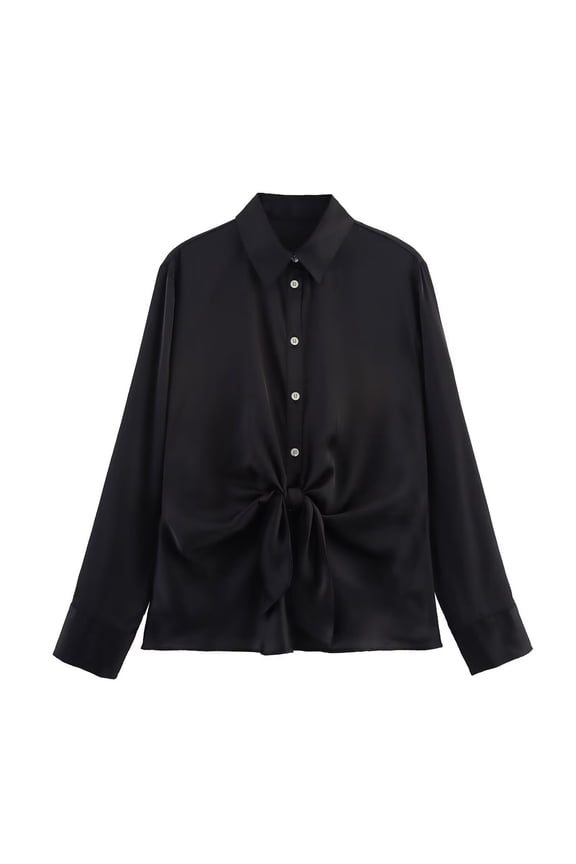 Petite Blouses for Women Dressy Casual Silk Satin Black Button Down Shirt Long Sleeve Tie Knot Shirt Tops for Women Night Out L