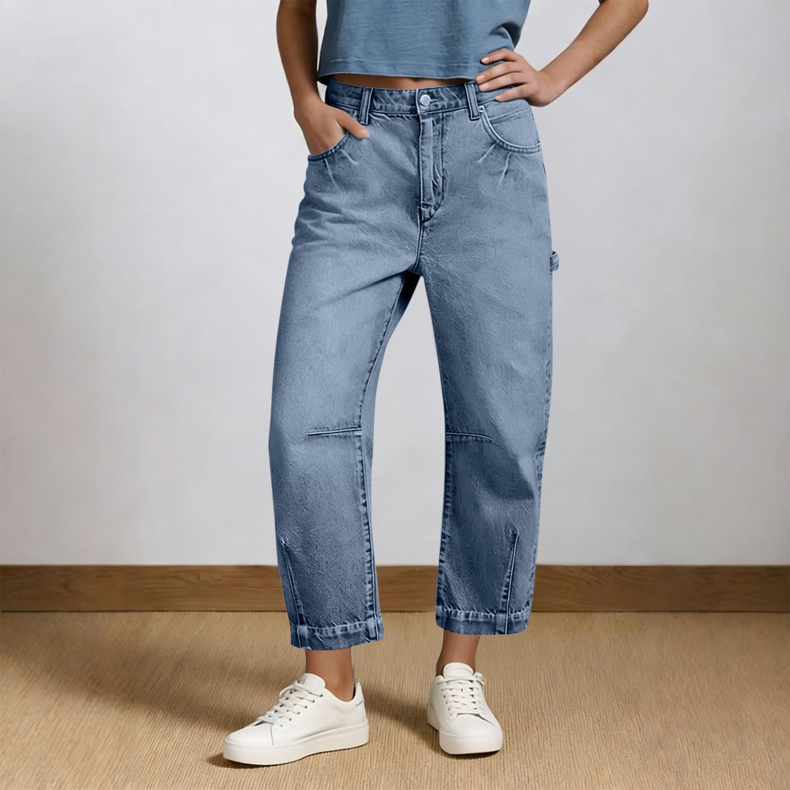 Qulqfy Petite Cropped Barrel Jeans for Women Baggy Wide Leg Stretch ...