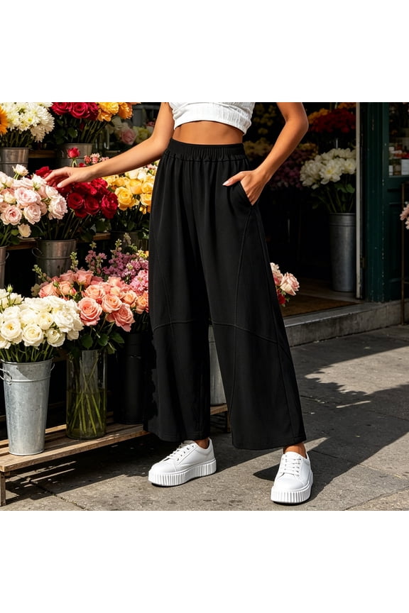 High Waisted Pants For Women Elastic Waist Wide Leg Cotton Linen Petite Pleat With Pockets Black Palazzo Lounge Trousers Pants L