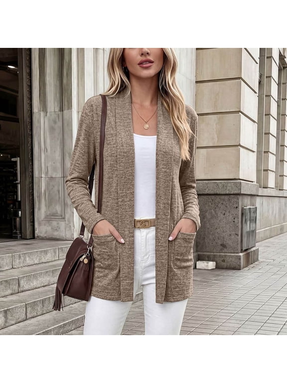 Petite Womens Long Cardigan Open Front Cotton Khaki Long Sleeve Casual Fall Outfits 2XL