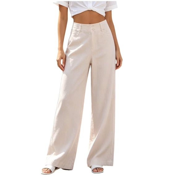 Qulqfy Linen Pants for Women Wide Leg Baggy Casual Petite High Waisted Button Beige Jogger Sweatpant L