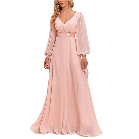 Qulqfy Pink Wedding Guest Dresses for Women Chiffon Maxi Long Sleeve Empire Waist V Neck A Line Dresses Dresses for Women L