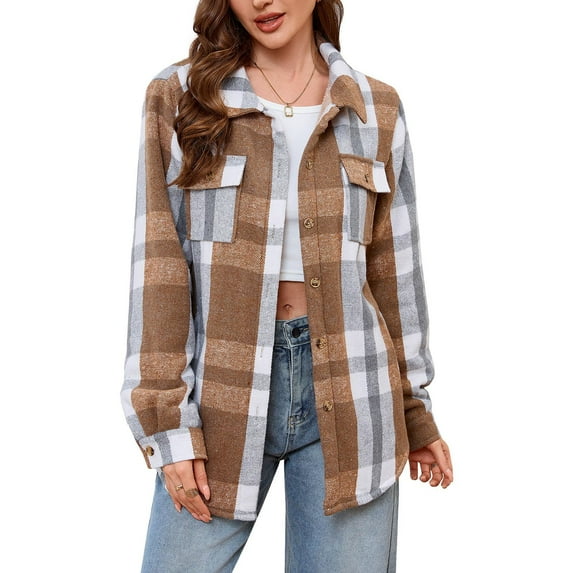 Qulqfy Plaid Button Down Shirt Women Long Sleeve Dressy Fleece Lined Shirts Collared Winter Tunic Shirts Women Fall Tops
