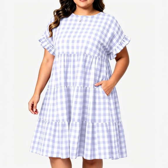 Qulqfy Plus Size Dresses for Women Midi Gingham Short Sleeve Casual Purple Scoop Neck Ruffle Smocked Sundress XL
