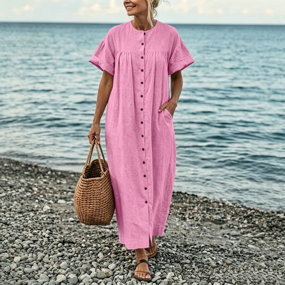 Qulqfy Plus Size Dresses for Women Short Sleeve Solid Flowy Maxi Casual Elegant Fall Scoop Neck Beach Button Down with Pockets Pink Sundresses L