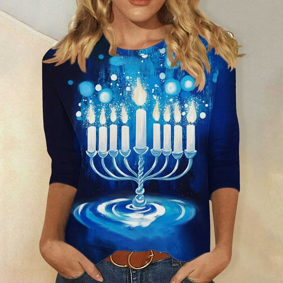 Qulqfy Plus Size Hanukkah Shirts for Women Novelty 3/4 Length Sleeve Tops Party Menorah Crew Neck Chanukah Funny Tops Blouses for Women M