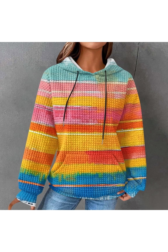 Plus Size Hoodie Womens Waffle Knit Pullover Yellow Hooded Sweatshirt Long Sleeve Rainbow Spring Fall Shirts Womens Holiday Tops 4XL